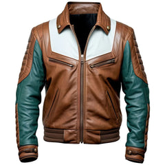 Brown-Green Quilted Genuine Sheepskin Bomber Leather Jacket For Men