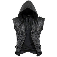 Classic Black Hooded Genuine Sheepskin Leather Vest Coat For Men