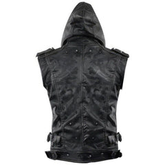 Classic Black Hooded Genuine Sheepskin Leather Vest Coat For Men