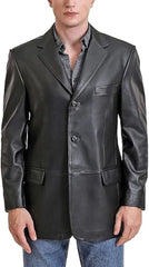 Solid Black Formal Slim-Fit Genuine Sheepskin Leather Coat For Men