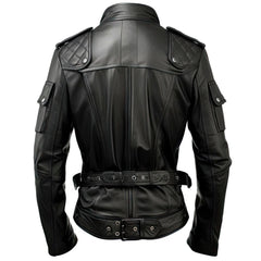Black Biker Stand-up Collar Genuine Sheepskin Leather Jacket For Men