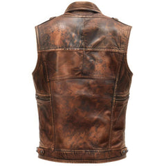 Vintage Distressed Brown Pure Sheepskin Leather Motorcycle Vest For Men