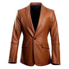Brown Slim-fit Semi-Formal One-Button Sheepskin Leather Coat For Men