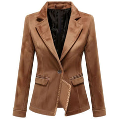 Dark Brown Pure Suede Notch Lapel Semi-Formal Leather Blazer For Women
