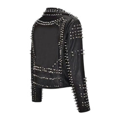 Slim-Fit Studded Moto Black Genuine Cowhide Leather Jacket For Women