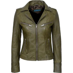 Rider Lightweight Olive Green Pure Sheepskin Leather Jacket For Women