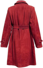 Red Genuine Suede Elegant Crossover Lapel Collar Trench Coat For Women