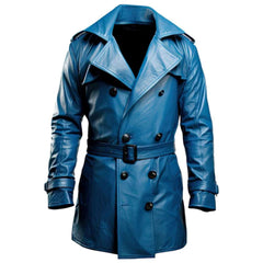 Blue Double-Breasted Premium Sheepskin Leather Trench Coat For Women