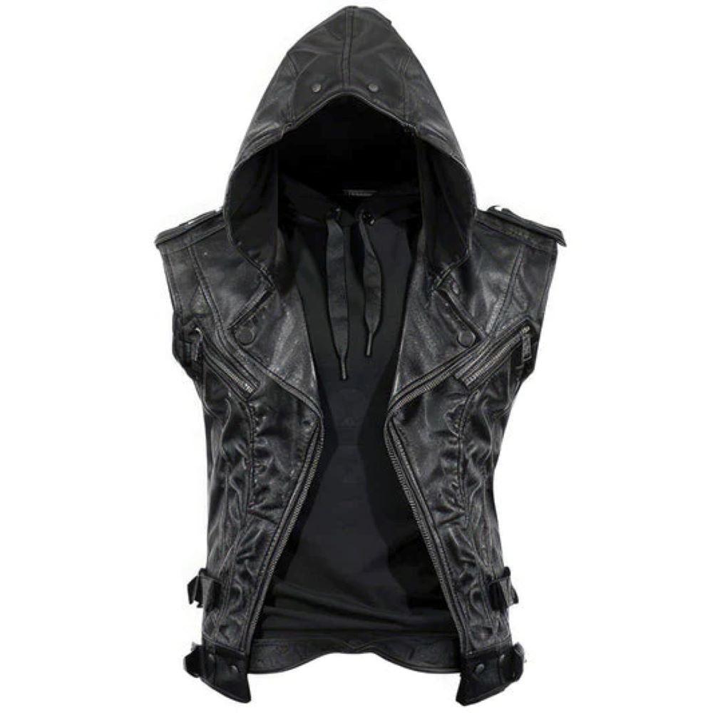 Classic Black Hooded Genuine Sheepskin Leather Vest Coat For Men