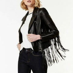 Classic Black Motorcycle Biker Pure Lambskin Leather Jacket For Women