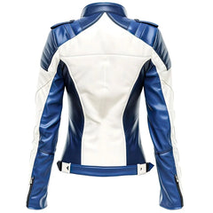 Classic Blue White Motorcycle Pure Sheepskin leather jacket For Women
