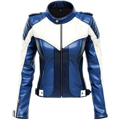 Classic Blue White Motorcycle Pure Sheepskin leather jacket For Women