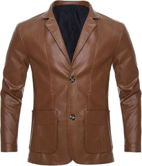 Classic Brown Buttoned Premium Sheepskin Leather Blazer Coat For Men