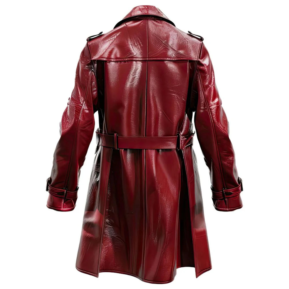 Winter Distressed Maroon Premium Sheepskin Trench Leather Coat For Men