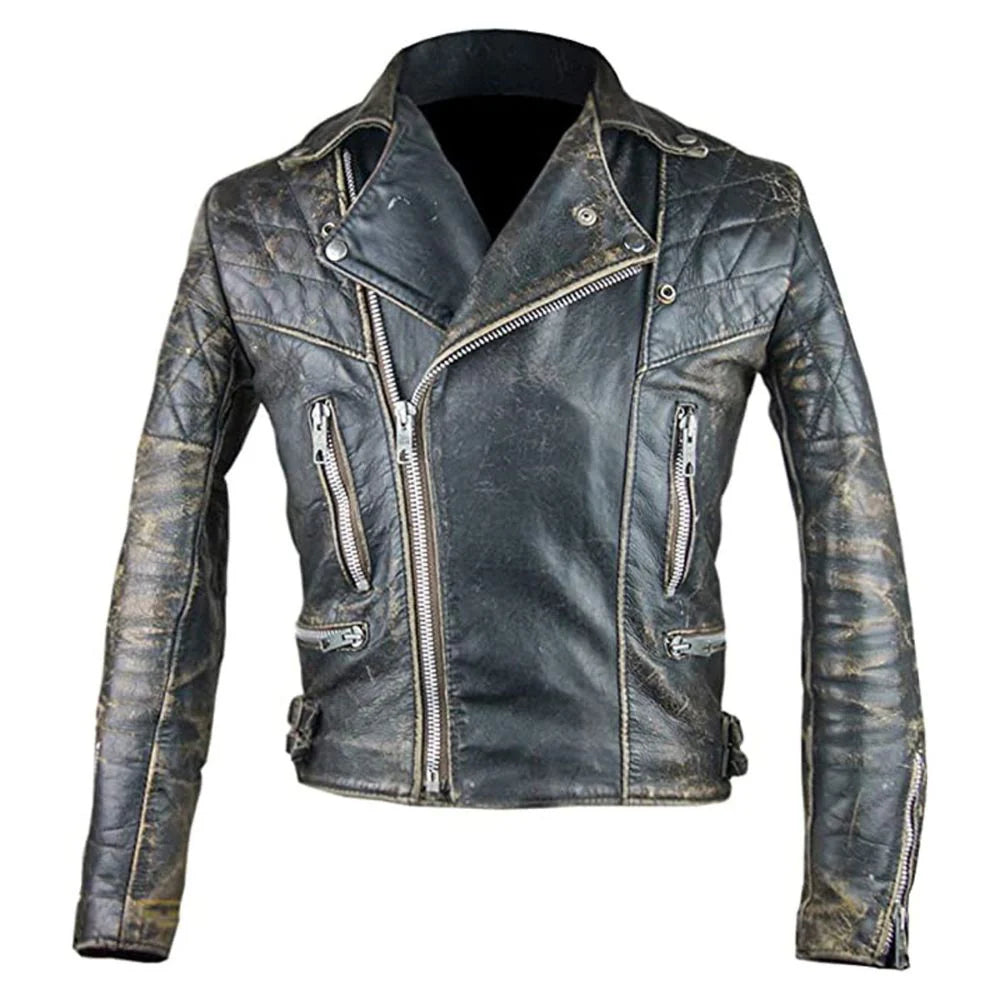 Winter Distressed Brown Vintage Biker Cowhide Leather Jacket For Men