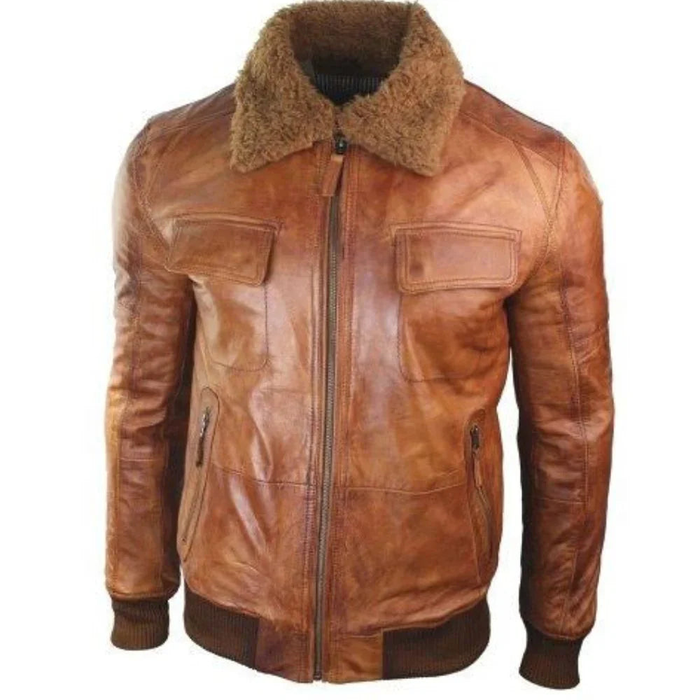 Winter Distressed Brown Fur Bomber Sheepskin Leather Jacket For Men