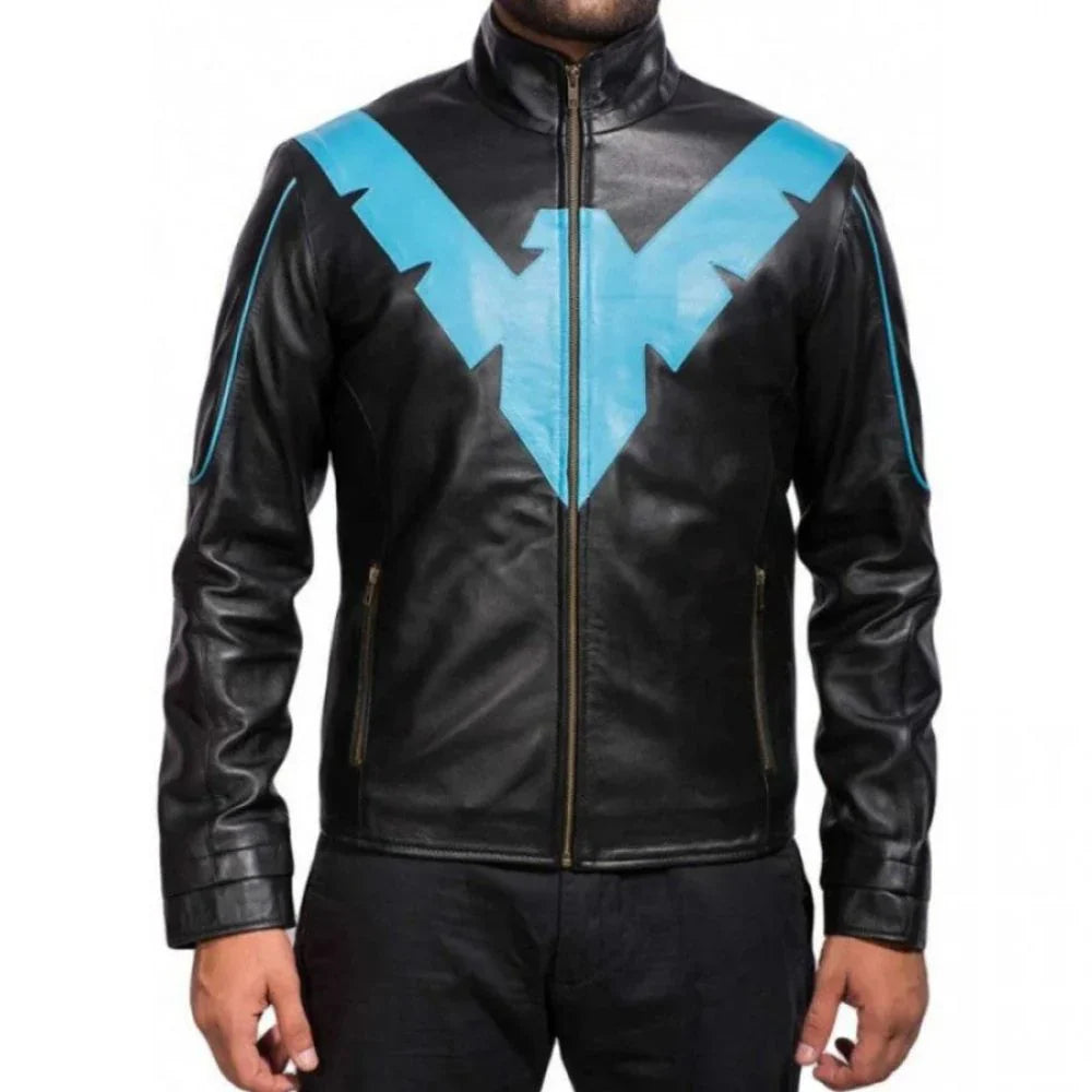 V-Shape Blue Night Wing Slim-fit Pure Sheepskin Leather Jacket For Men