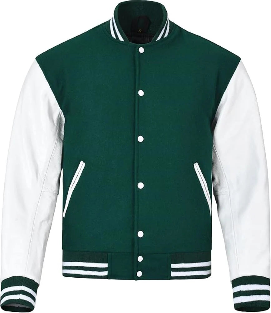 Black Genuine Lambskin Varsity Rib-Knitted Leather Jacket For Men