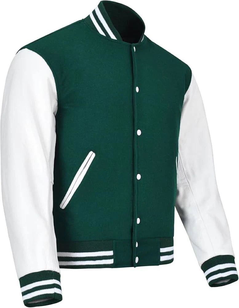 Black Genuine Lambskin Varsity Rib-Knitted Leather Jacket For Men