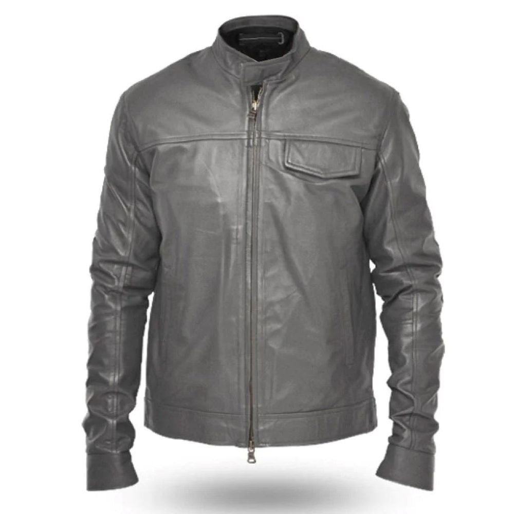 Winter Ash Gray Motorcycle Premium Sheepskin Leather Jacket For Men