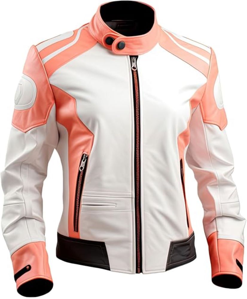 Winter White-Peach Motorcycle Bando Pure Sheepskin Leather Jacket For Women