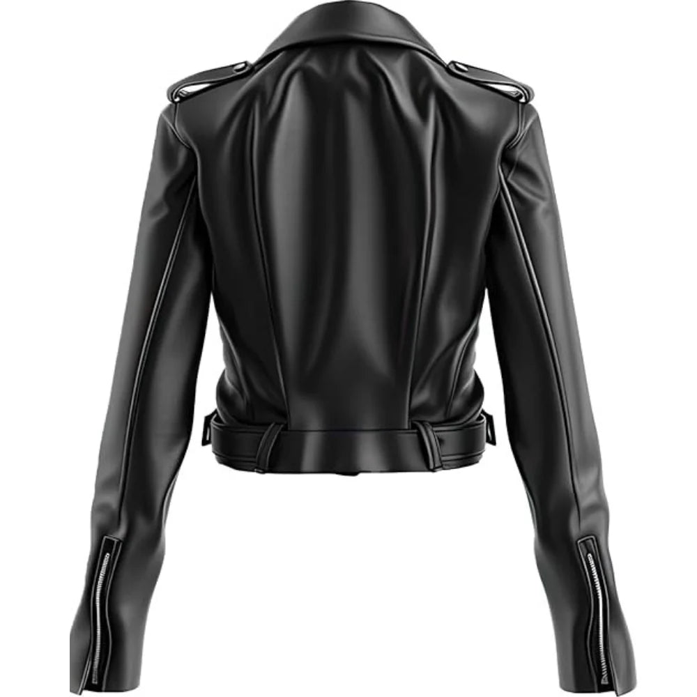 Black Slim-Fit Motorcycle Genuine Sheepskin Leather Jacket For Women