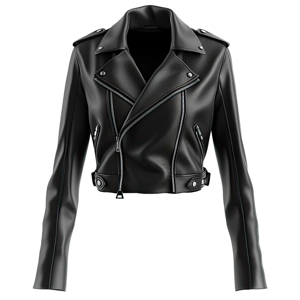 Black Slim-Fit Motorcycle Genuine Sheepskin Leather Jacket For Women