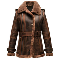Brown Shearling Faux fur Lined Pure Sheepskin Leather Coat For Women