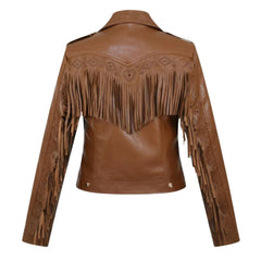 Classic Brown Fringed Tassels Pure Sheepskin Leather Jacket For Women