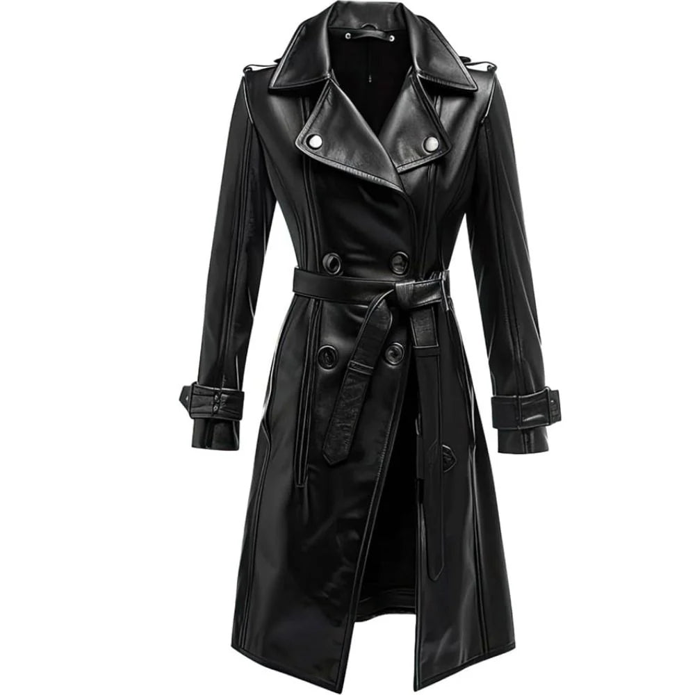 Classic Black Pure Sheepskin Knee Length Trench Leather Coat For women