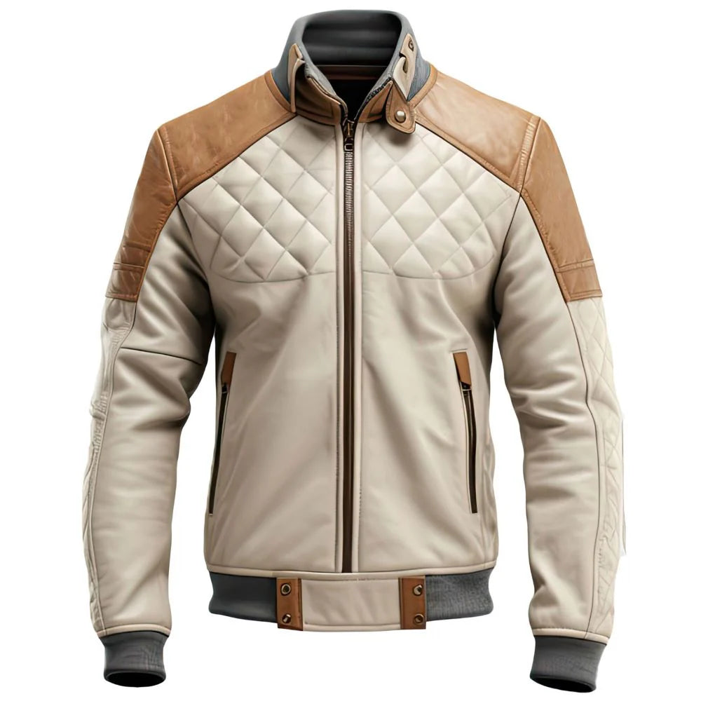 Brown Cafe Racer Diamond Quilted Pure Sheepskin Leather Jacket For Men