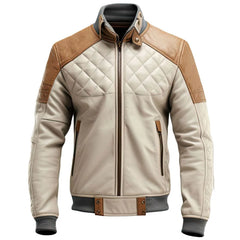 Brown Cafe Racer Diamond Quilted Pure Sheepskin Leather Jacket For Men