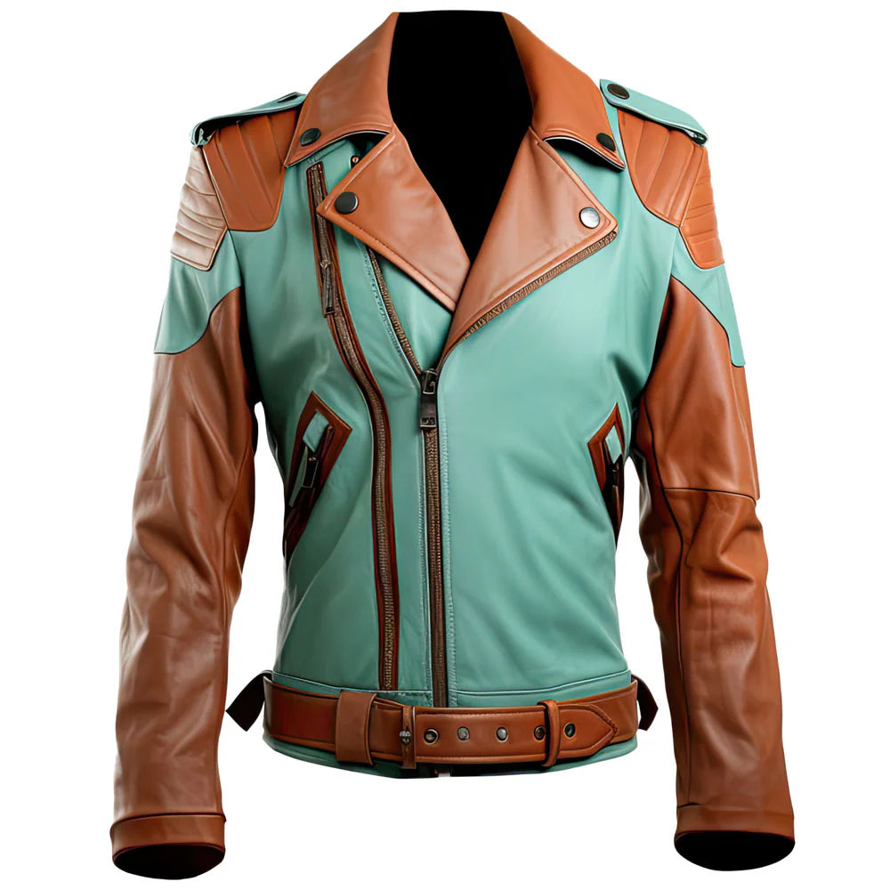 Green Brown YKK Zipper Genuine Lambskin Biker Leather jacket For Men